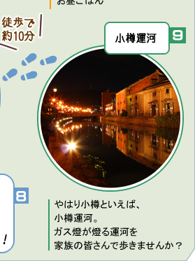 やはり小樽といえば、小樽運河。ガス燈が燈る運河を家族の皆さんで歩きませんか？